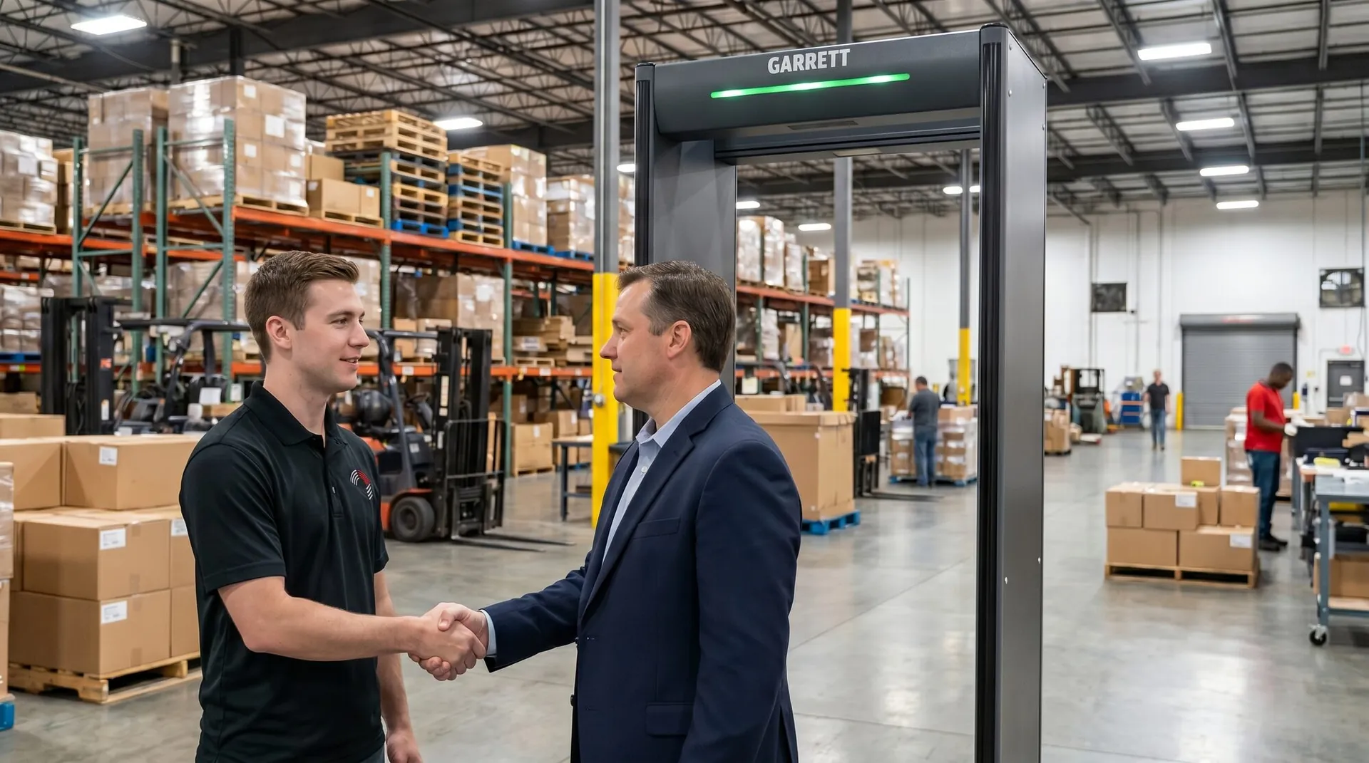 Garrett-Durchgangsdetektor in einer Logistikhalle, Handshake zwischen Sicherheitsteam und Werksleitung