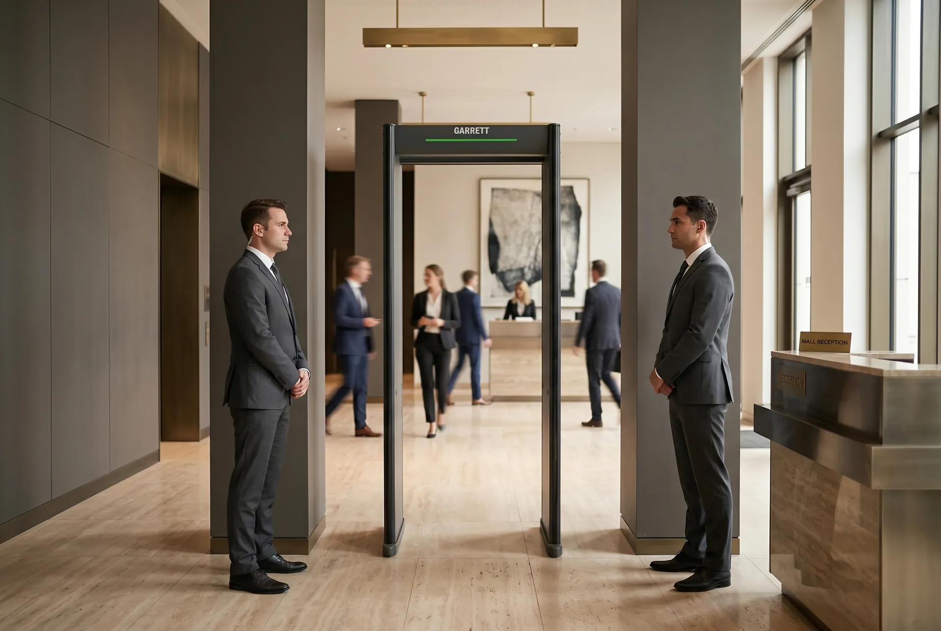 Diskreter Sicherheitseingang im Foyer eines DAX-Konzerns während einer Hauptversammlung. Garrett Paragon Walk-Through-Detektor zwischen Marmor-Säulen, Personal in dunkler Geschäftskleidung.