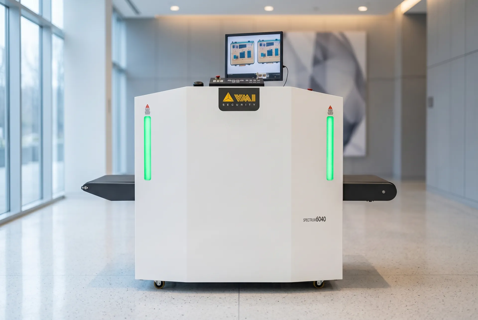 VMI 6040 Röntgen-Gepäckscanner im Foyer eines Großbetriebs, mittig im Frame als zentrales Hero-Motiv