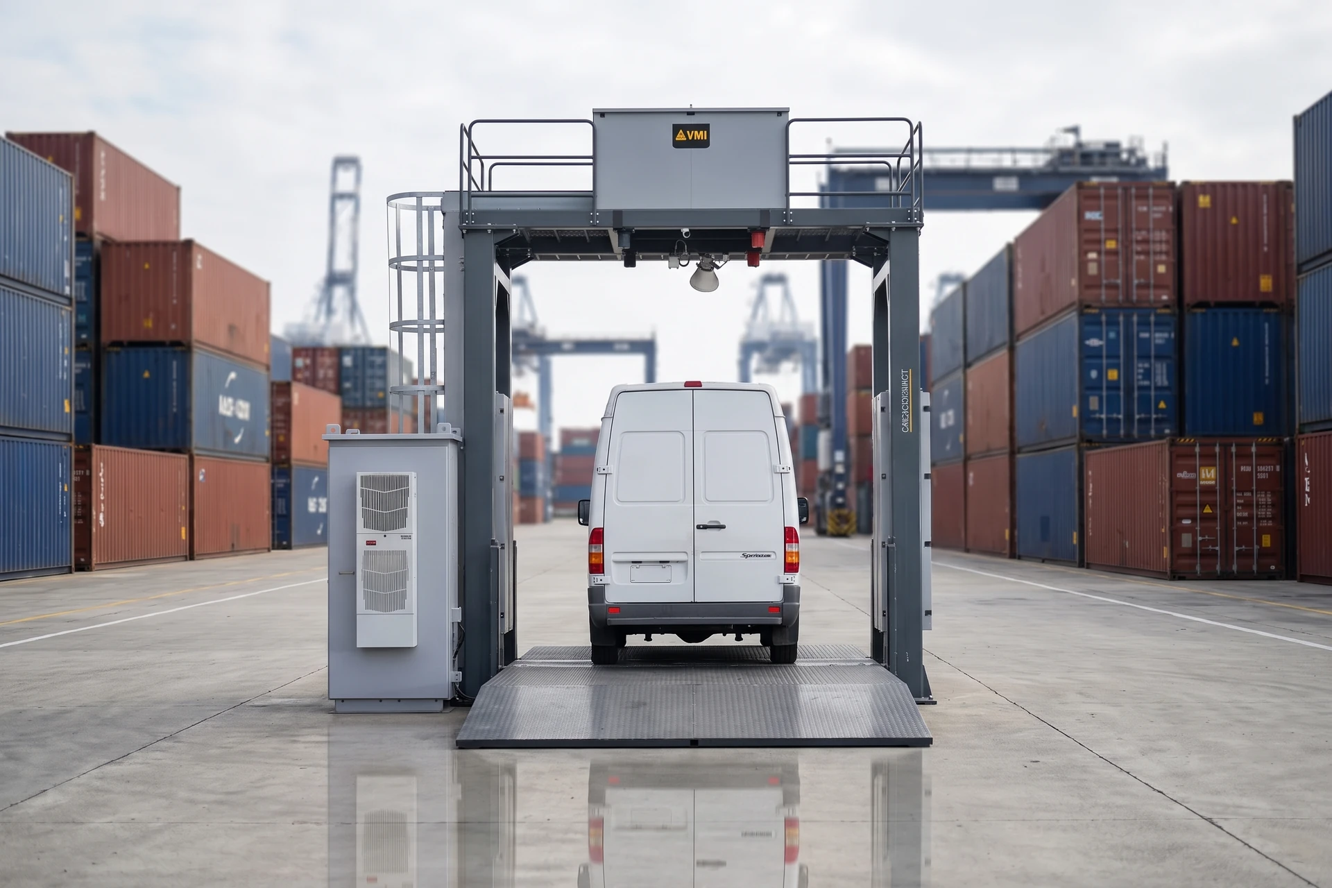 VMI Spectrum Cargo Compact Fahrzeug-Röntgenscanner als Produktmotiv in einem hellen Museumssaal